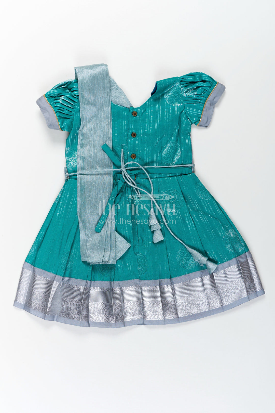 The Nesavu Girls Kanchi Silk Frock Girls Long Frock with Silk Dupatta in Semi Kanchivaram with Silver Zari and Green Brocade Pleated Elegance Nesavu Girls Long Frock with Silk Dupatta in Semi Kanchivaram with Silver Zari and Brocade Green Detail | The Nesavu