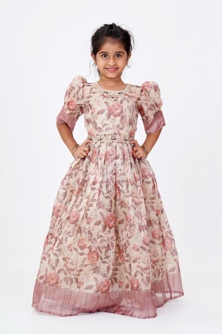 The Nesavu Girls Casual Gown Girls Long Gowns with Sleeves in Gold Tissue Fabric and Rose Digital Print for Graceful Outings Nesavu 24 (5Y) / Peach GA298B-24 Girls Long Gowns Sleeves Gold Tissue Fabric Rose Floral Digital Print Beaded Accents | The Nesavu