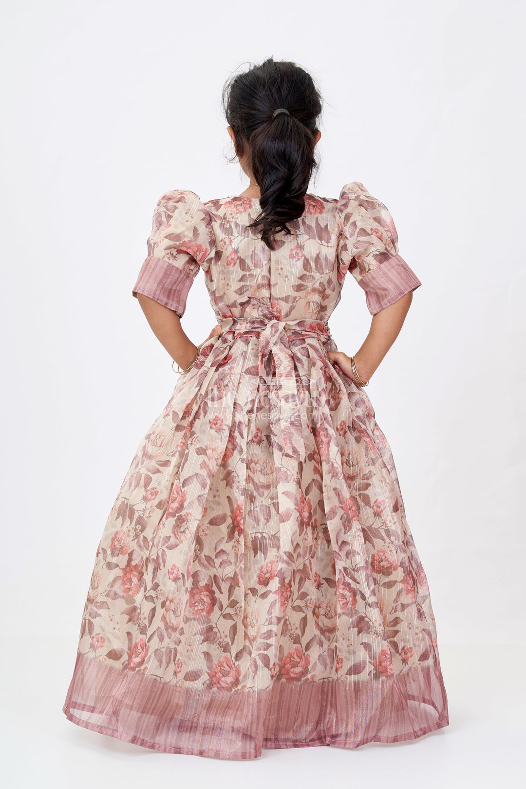 The Nesavu Girls Casual Gown Girls Long Gowns with Sleeves in Gold Tissue Fabric and Rose Digital Print for Graceful Outings Nesavu Girls Long Gowns Sleeves Gold Tissue Fabric Rose Floral Digital Print Beaded Accents | The Nesavu