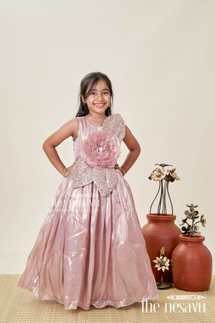 The Nesavu Girls Fancy Party Frock Girls Long Organza Gown with Sequins and Floral Motif Long Frock for Reception in Glossy Bronze Nesavu 22 (4Y) / Brown PF225A-22 Nesavu Girls Long Bronze Gown Organza Sequin Detail long frock reception Style