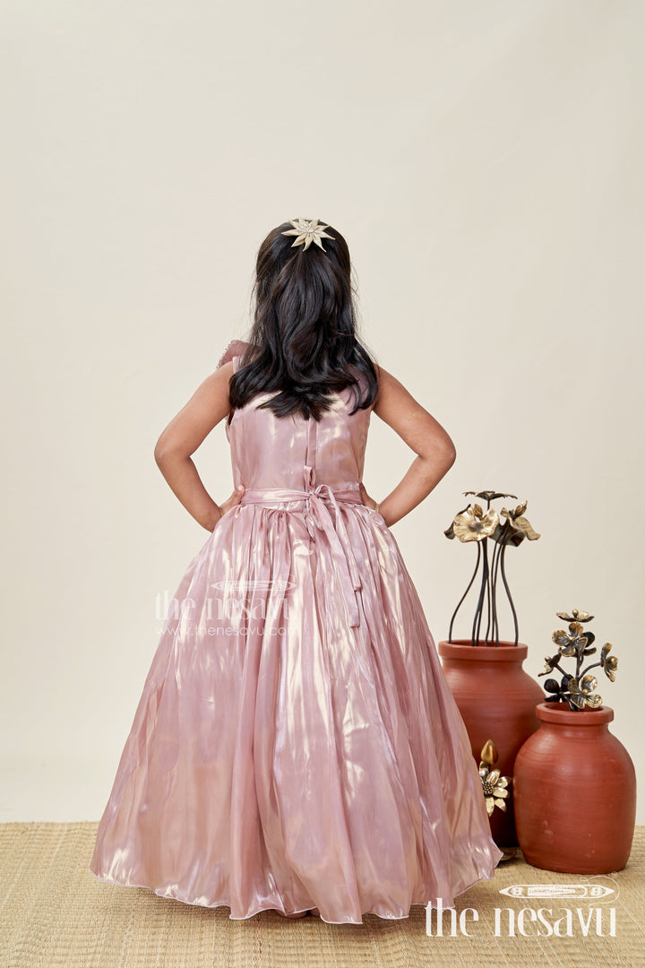 The Nesavu Girls Fancy Party Frock Girls Long Organza Gown with Sequins and Floral Motif Long Frock for Reception in Glossy Bronze Nesavu Nesavu Girls Long Bronze Gown Organza Sequin Detail long frock reception Style