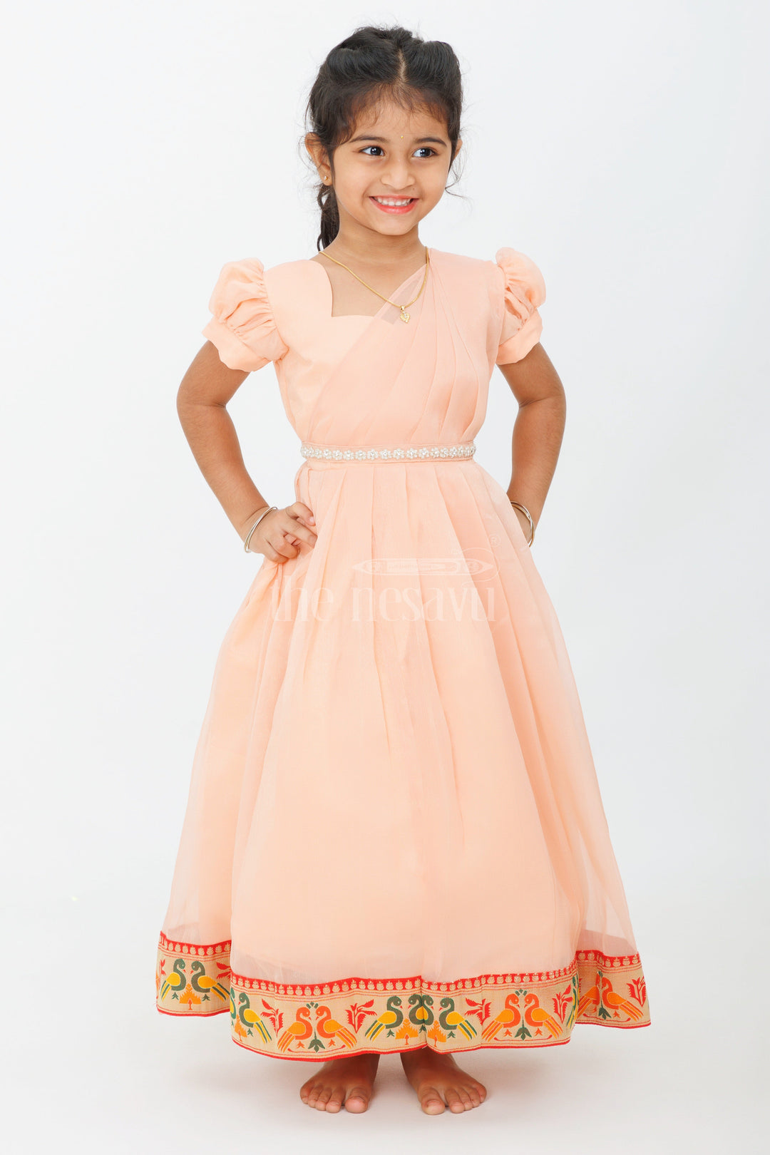 The Nesavu Girls Casual Gown Girls Long Party Gown in Georgette with Puff Sleeves and Embroidered Border Nesavu 18 (2Y) / Peach GA273A-18 Girls Long Party Gown Georgette Puff Sleeves Embroidered Hem | The Nesavu