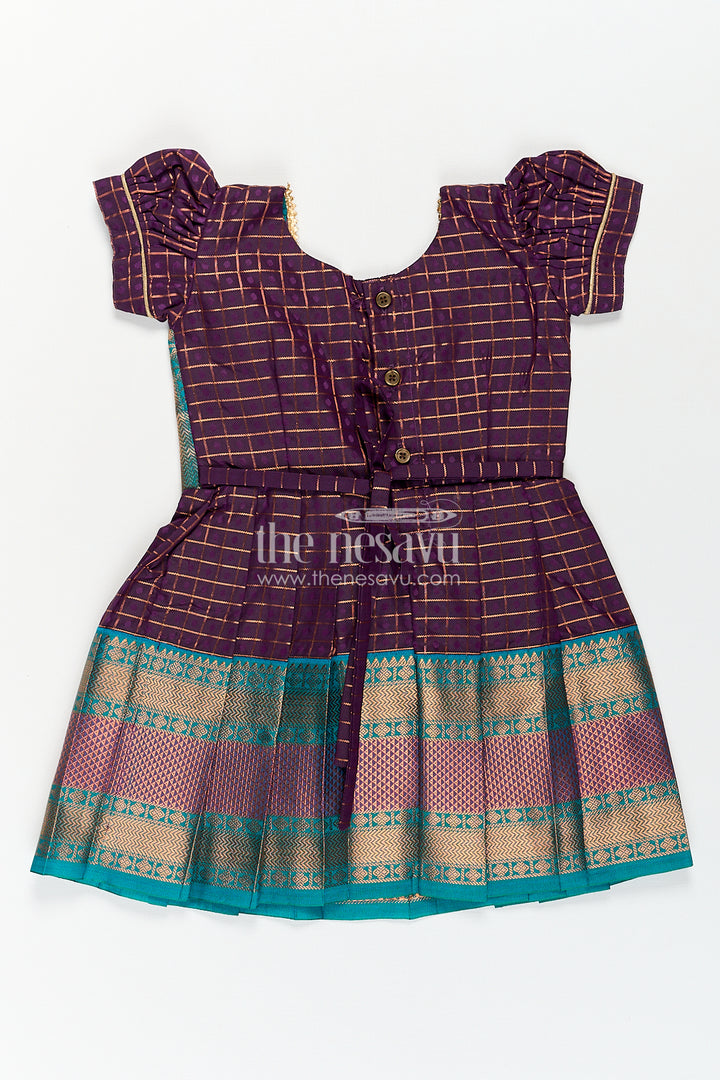 The Nesavu Silk Frock Girls Long Silk Frock Design in Semi Kanchivaram with Green Brocade Yoke and Purple Checked Pleated Skirt Nesavu Nesavu Girls Semi Kanchivaram Long Silk Frock Green Brocade Yoke Purple Checked Pleated Skirt
