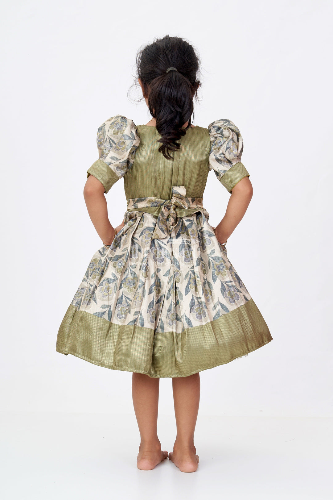 The Nesavu Silk Frock Girls Long Silk Frock with Jacquard Floral Digital Print and Elegant Puff Sleeves for Timeless Style Nesavu Girls Long Silk Frock Jacquard Floral Digital Print Puff Sleeves Embellished Neckline | The Nesavu