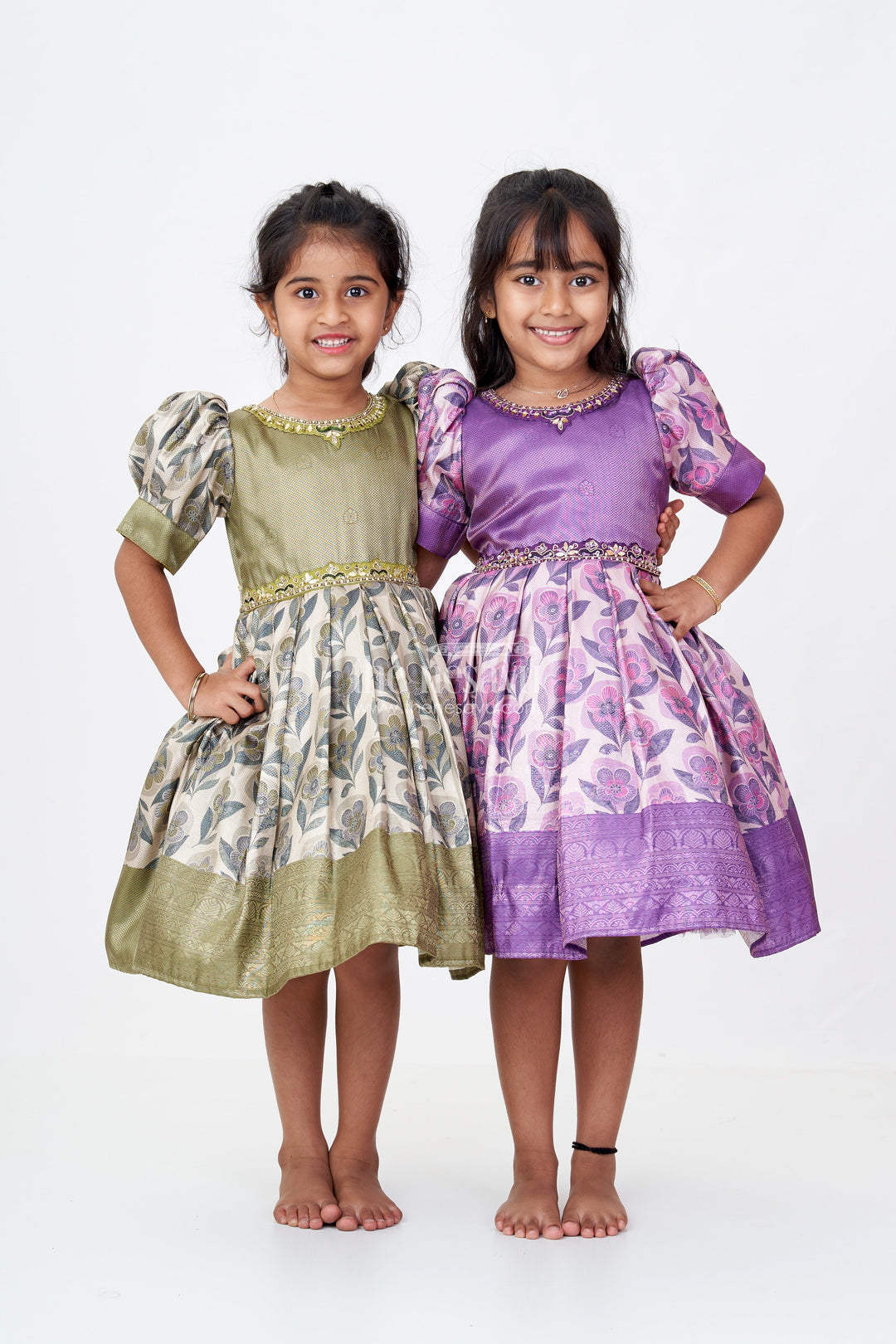 The Nesavu Silk Frock Girls Long Silk Frock with Jacquard Floral Digital Print and Elegant Puff Sleeves for Timeless Style Nesavu Girls Long Silk Frock Jacquard Floral Digital Print Puff Sleeves Embellished Neckline | The Nesavu