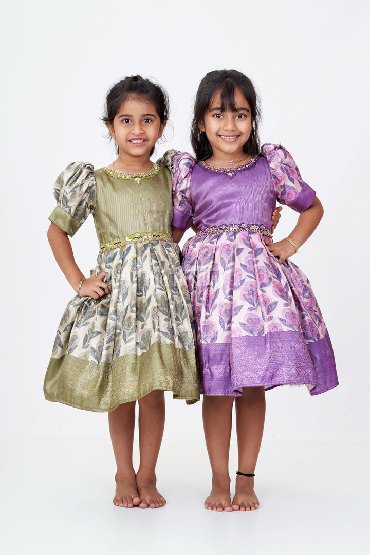 The Nesavu Silk Frock Girls Long Silk Frock with Jacquard Floral Digital Print and Elegant Puff Sleeves for Timeless Style Nesavu Girls Long Silk Frock Jacquard Floral Digital Print Puff Sleeves Embellished Neckline | The Nesavu