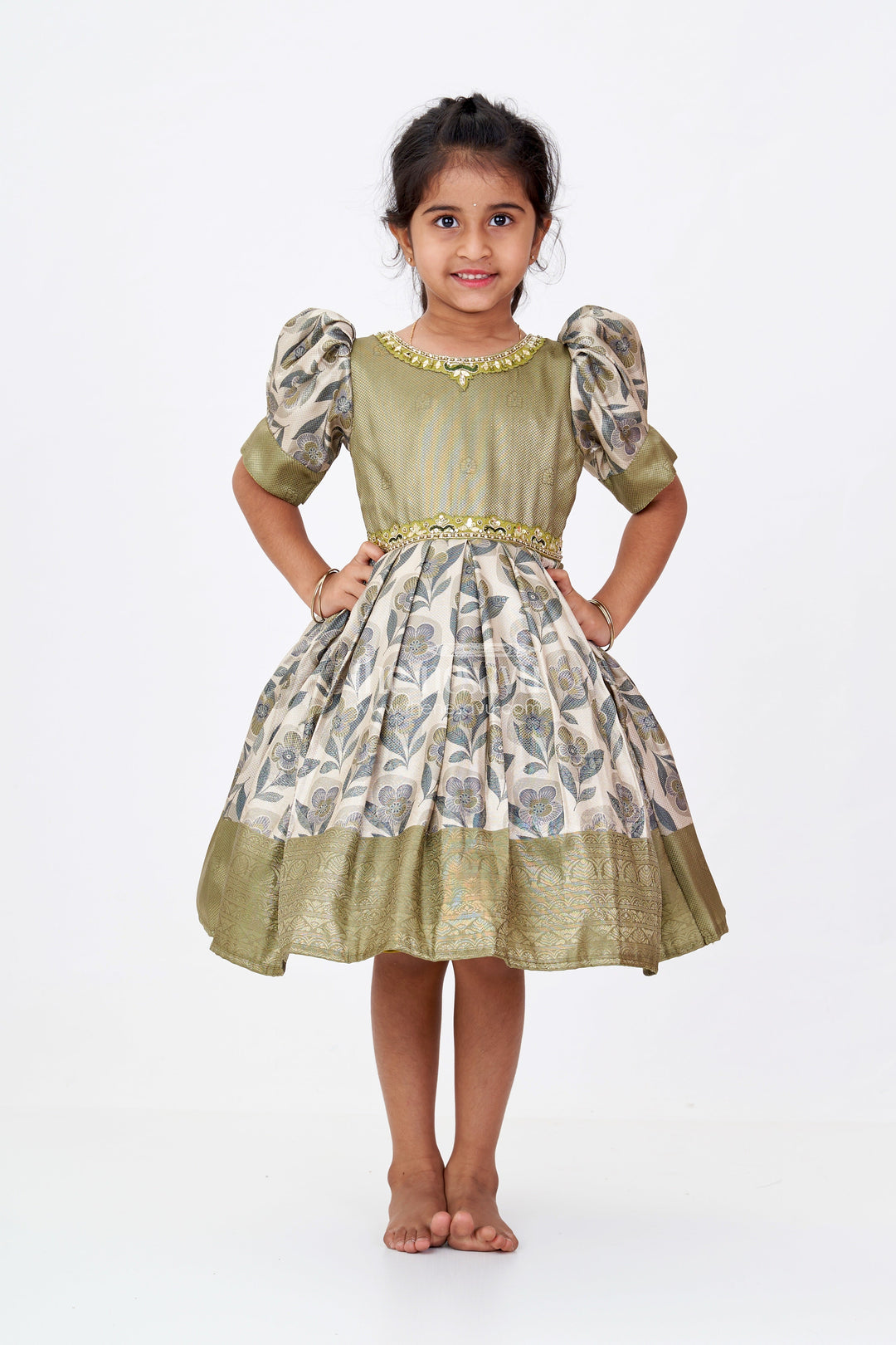 The Nesavu Silk Frock Girls Long Silk Frock with Jacquard Floral Digital Print and Elegant Puff Sleeves for Timeless Style Nesavu Girls Long Silk Frock Jacquard Floral Digital Print Puff Sleeves Embellished Neckline | The Nesavu