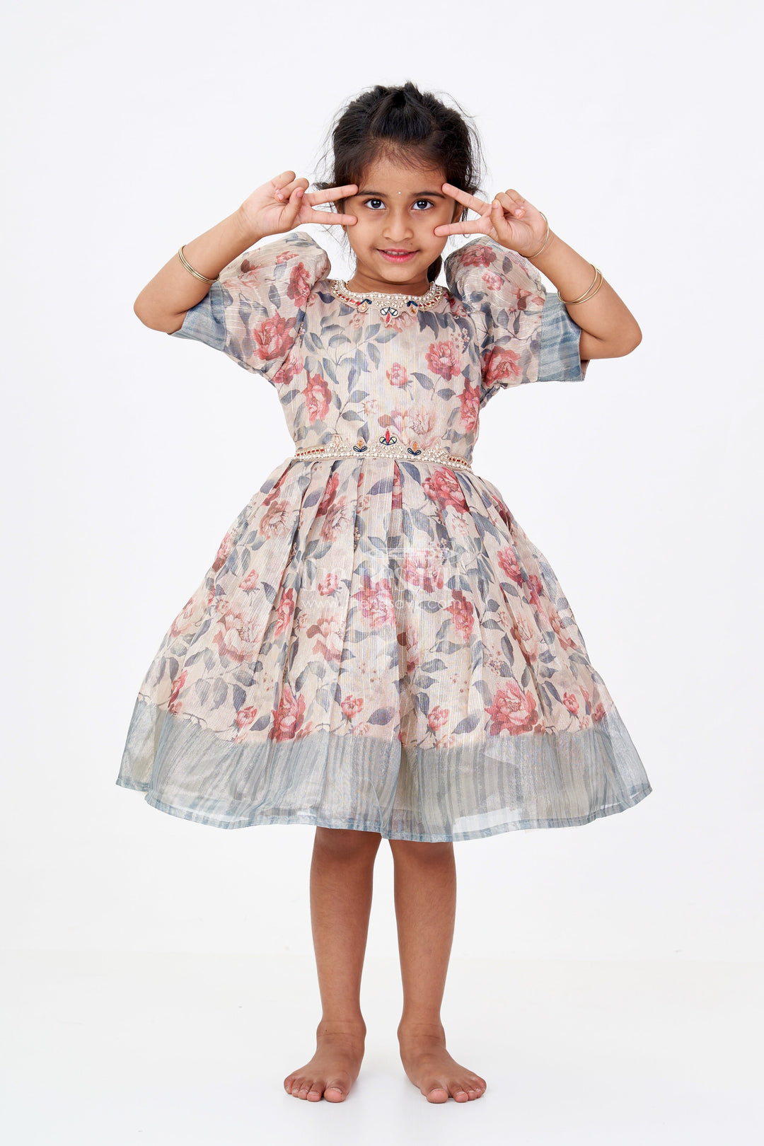 The Nesavu Silk Frock Girls Long Silk Frocks with Floral Digital Print and Embellished Details for Party Wear Nesavu 16 (1Y) / Green SF978A-16 Girls Long Silk Frocks Floral Digital Print Embellished Neckline Party Wear | The Nesavu