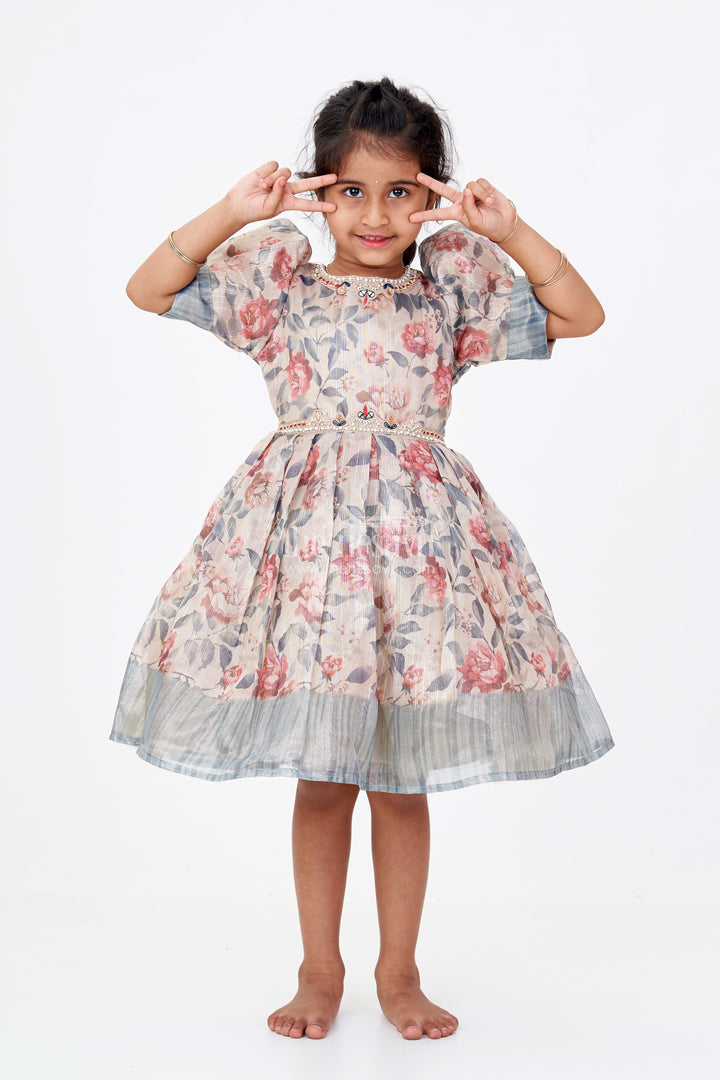 The Nesavu Silk Frock Girls Long Silk Frocks with Floral Digital Print and Embellished Details for Party Wear Nesavu 16 (1Y) / Green SF978A-16 Girls Long Silk Frocks Floral Digital Print Embellished Neckline Party Wear | The Nesavu