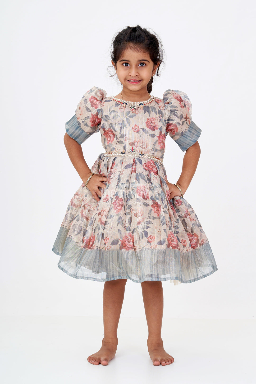 The Nesavu Silk Frock Girls Long Silk Frocks with Floral Digital Print and Embellished Details for Party Wear Nesavu Girls Long Silk Frocks Floral Digital Print Embellished Neckline Party Wear | The Nesavu