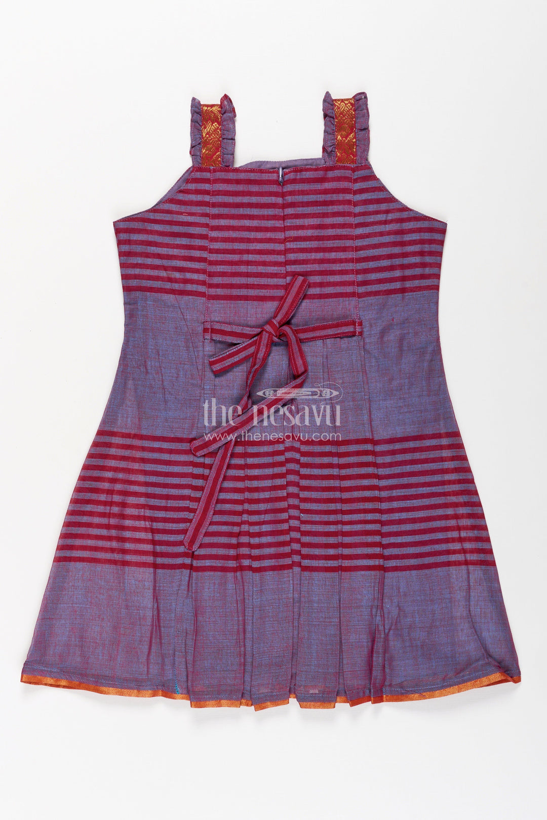 The Nesavu Girls Cotton Frock Girls Mangalagiri Cotton Frock with Sleeveless Straps and Central Panel in Purple Color Frocks Design Nesavu Nesavu Girls Purple Striped Cotton Frock Decorative Central Panel Shoulder Ruffles