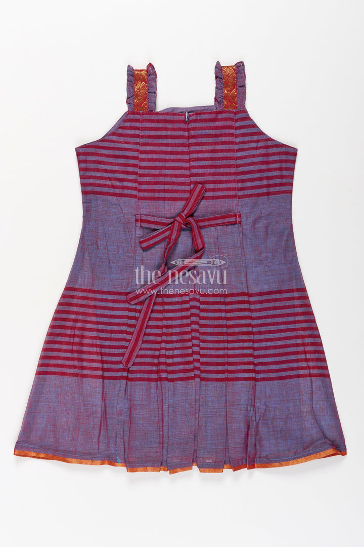 The Nesavu Girls Cotton Frock Girls Mangalagiri Cotton Frock with Sleeveless Straps and Central Panel in Purple Color Frocks Design Nesavu Nesavu Girls Purple Striped Cotton Frock Decorative Central Panel Shoulder Ruffles