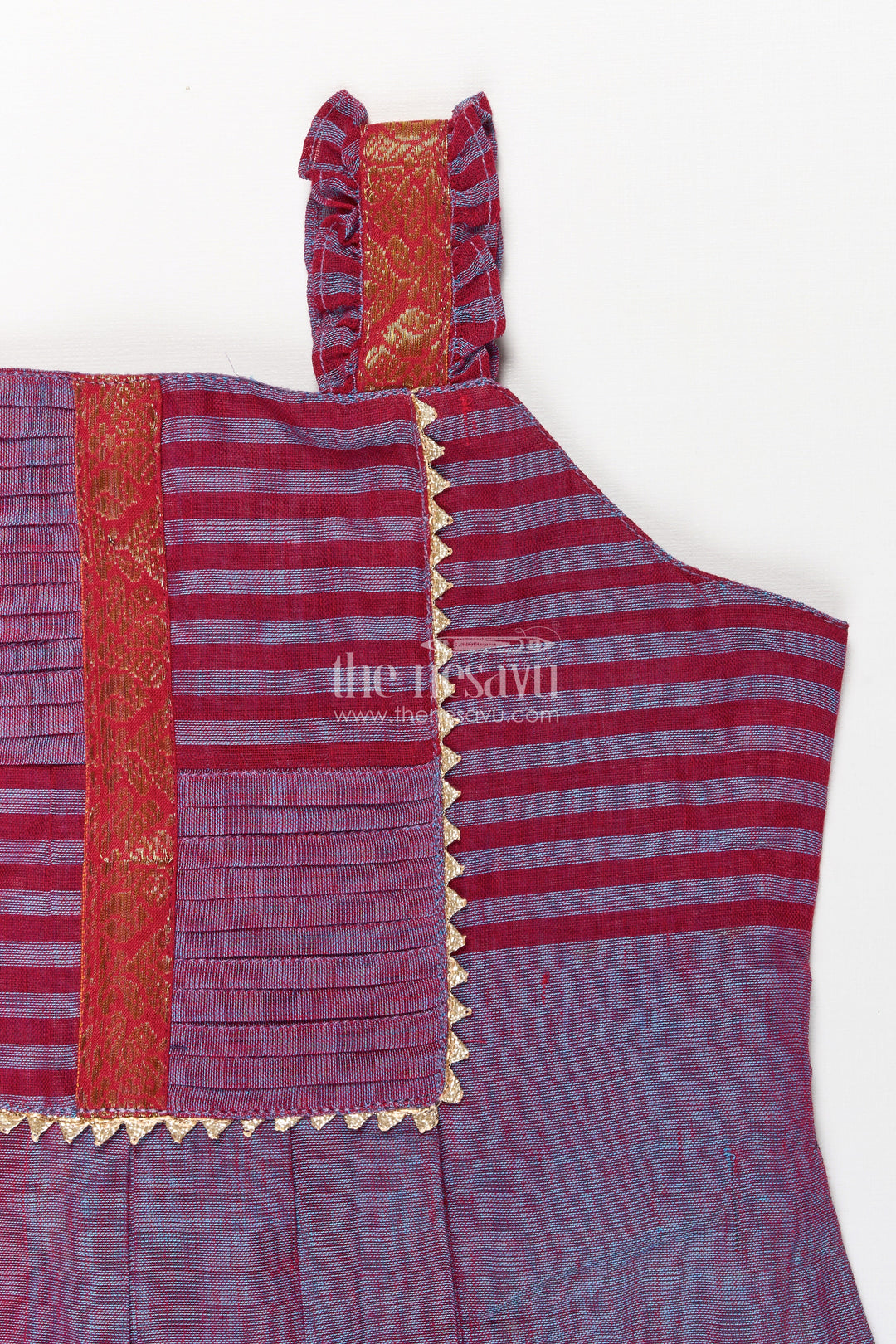 The Nesavu Girls Cotton Frock Girls Mangalagiri Cotton Frock with Sleeveless Straps and Central Panel in Purple Color Frocks Design Nesavu Nesavu Girls Purple Striped Cotton Frock Decorative Central Panel Shoulder Ruffles