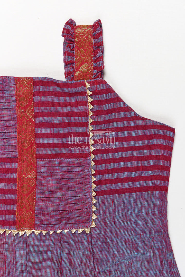 The Nesavu Girls Cotton Frock Girls Mangalagiri Cotton Frock with Sleeveless Straps and Central Panel in Purple Color Frocks Design Nesavu Nesavu Girls Purple Striped Cotton Frock Decorative Central Panel Shoulder Ruffles