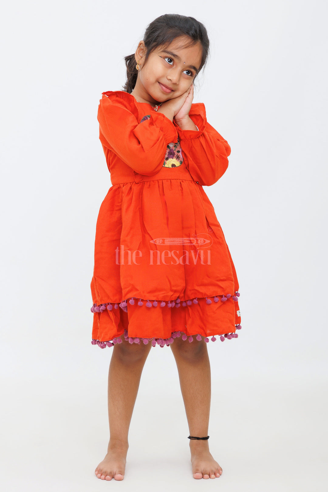 The Nesavu Girls Cotton Frock Girls Maroon Dress with Floral Embroidery and Tiered Skirt - Long Party Frock Nesavu 18 (2Y) / Maroon GFC1409B-18 Nesavu Maroon Long Frock Girls Floral Embroidery Tiered Skirt Festive Events