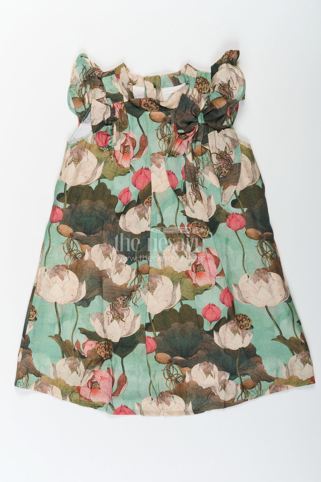 The Nesavu Girls Cotton Frock Girls Maroon Frock in Lightweight Viscose with Artistic Floral Digital Print and Ruffled Sleeves Nesavu 18 (2Y) / Green GFC1662A-18 Girls Maroon Frock Visose Floral Digital Print Ruffled Sleeves Everyday Style | The Nesavu