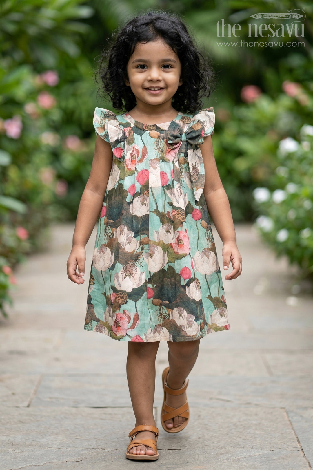 The Nesavu Girls Cotton Frock Girls Maroon Frock in Lightweight Viscose with Artistic Floral Digital Print and Ruffled Sleeves Nesavu 18 (2Y) / Green GFC1662A-18 Girls Maroon Frock Visose Floral Digital Print Ruffled Sleeves Everyday Style | The Nesavu