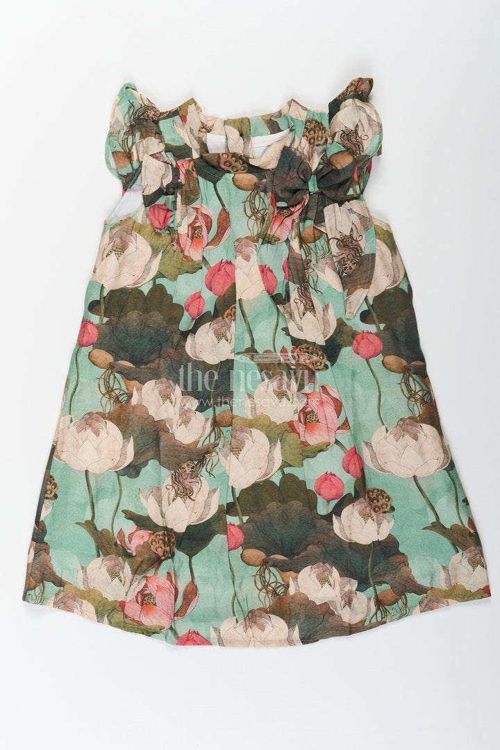 The Nesavu Girls Cotton Frock Girls Maroon Frock in Lightweight Viscose with Artistic Floral Digital Print and Ruffled Sleeves Nesavu 18 (2Y) / Green GFC1662A-18 Nesavu Girls Maroon Frock Visose Floral Digital Print Ruffled Sleeves Everyday Style