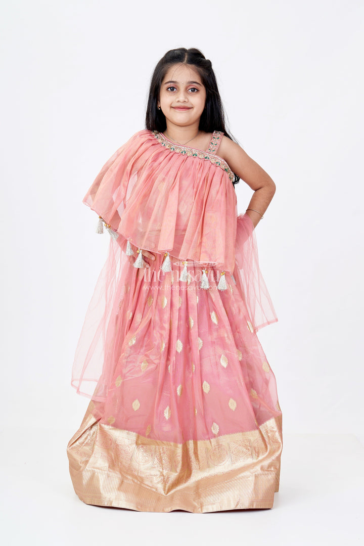 The Nesavu Girls Lehenga Choli Girls Maroon Lehenga in Banarasi Kora Tissue Silk with Big Zari Border and Ruffle Cape Choli Design Nesavu 18 (2Y) / Peach GL614A-18 Girls Maroon Lehenga Banarasi Kora Tissue Silk Gold Zari Border Cape Style Choli | The Nesavu