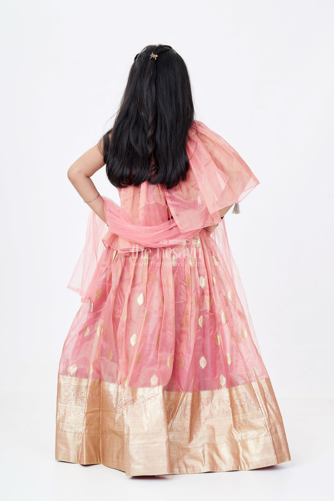 The Nesavu Girls Lehenga Choli Girls Maroon Lehenga in Banarasi Kora Tissue Silk with Big Zari Border and Ruffle Cape Choli Design Nesavu Girls Maroon Lehenga Banarasi Kora Tissue Silk Gold Zari Border Cape Style Choli | The Nesavu