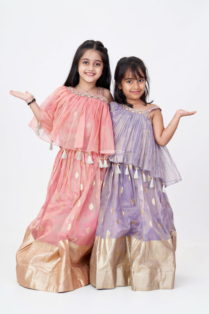 The Nesavu Girls Lehenga Choli Girls Maroon Lehenga in Banarasi Kora Tissue Silk with Big Zari Border and Ruffle Cape Choli Design Nesavu Girls Maroon Lehenga Banarasi Kora Tissue Silk Gold Zari Border Cape Style Choli | The Nesavu