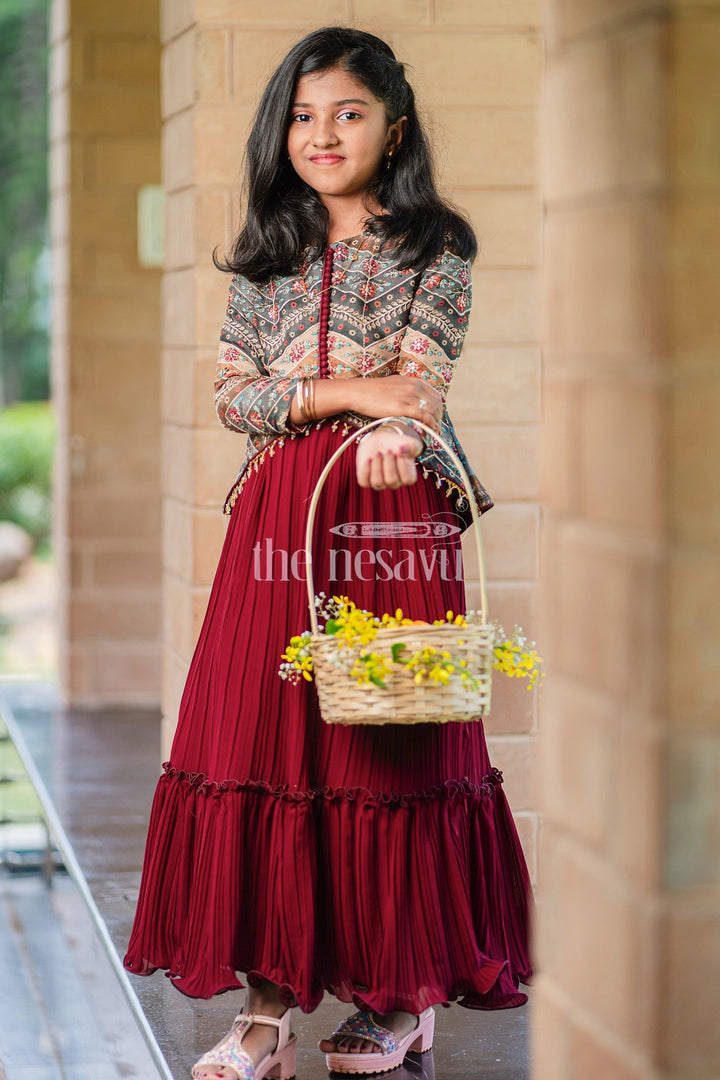 The Nesavu Girls Party Gown Girls Maroon Lehenga Set with Embroidered Green Jacket and Pleated Skirt for Festive Occasions Nesavu 20 (3Y) / Maroon GA264A-20 Nesavu Girls Maroon Lehenga Set Embroidered Green Jacket Pleated Skirt Festive Events