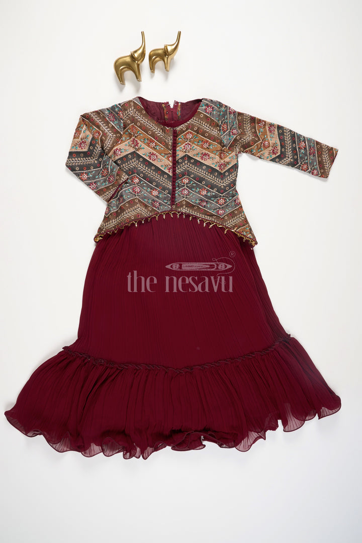 The Nesavu Girls Party Gown Girls Maroon Lehenga Set with Embroidered Green Jacket and Pleated Skirt for Festive Occasions Nesavu Nesavu Girls Maroon Lehenga Set Embroidered Green Jacket Pleated Skirt Festive Events