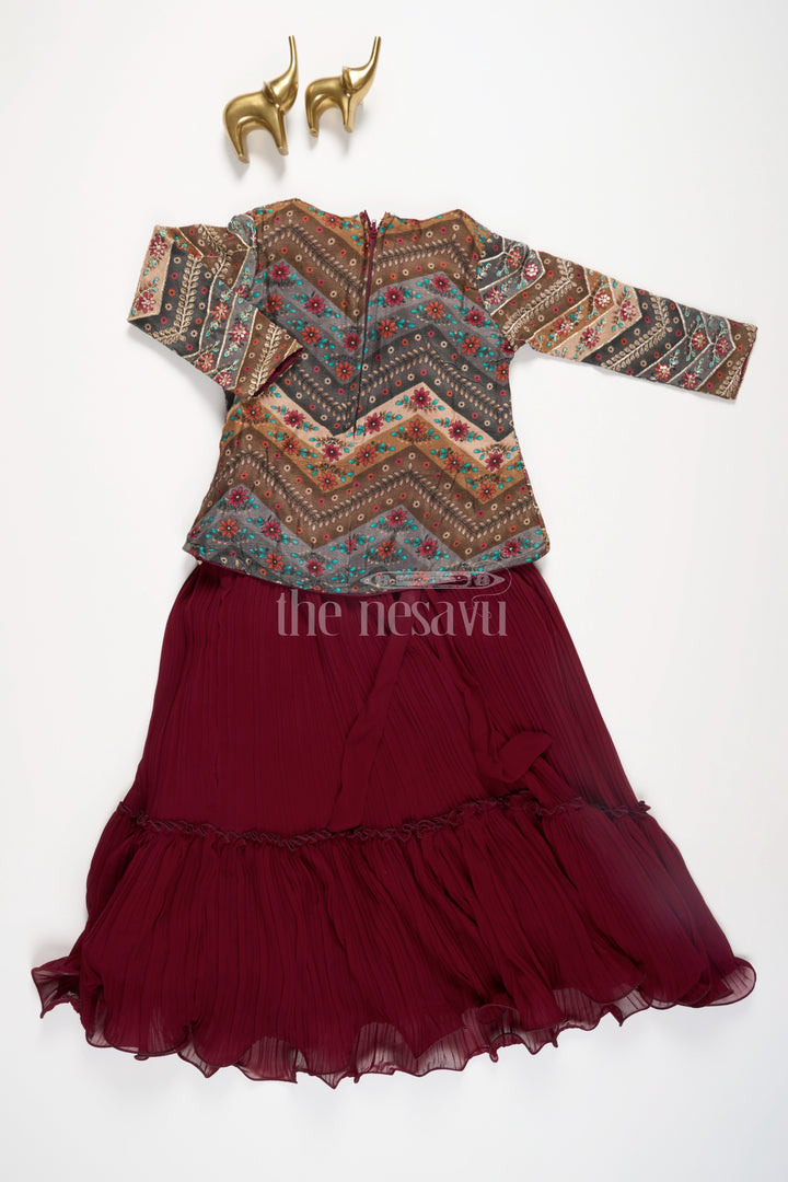 The Nesavu Girls Party Gown Girls Maroon Lehenga Set with Embroidered Green Jacket and Pleated Skirt for Festive Occasions Nesavu Nesavu Girls Maroon Lehenga Set Embroidered Green Jacket Pleated Skirt Festive Events