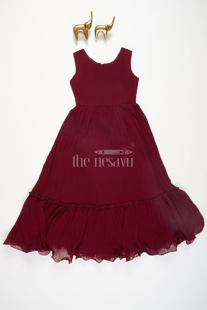 The Nesavu Girls Party Gown Girls Maroon Lehenga Set with Embroidered Green Jacket and Pleated Skirt for Festive Occasions Nesavu Nesavu Girls Maroon Lehenga Set Embroidered Green Jacket Pleated Skirt Festive Events