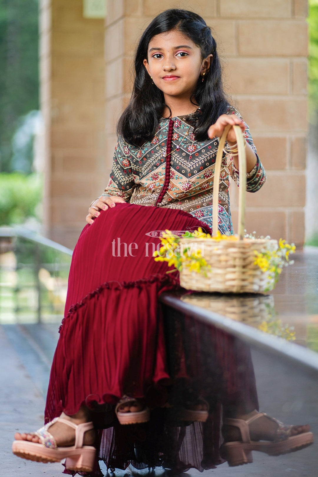 The Nesavu Girls Party Gown Girls Maroon Lehenga Set with Embroidered Green Jacket and Pleated Skirt for Festive Occasions Nesavu Nesavu Girls Maroon Lehenga Set Embroidered Green Jacket Pleated Skirt Festive Events