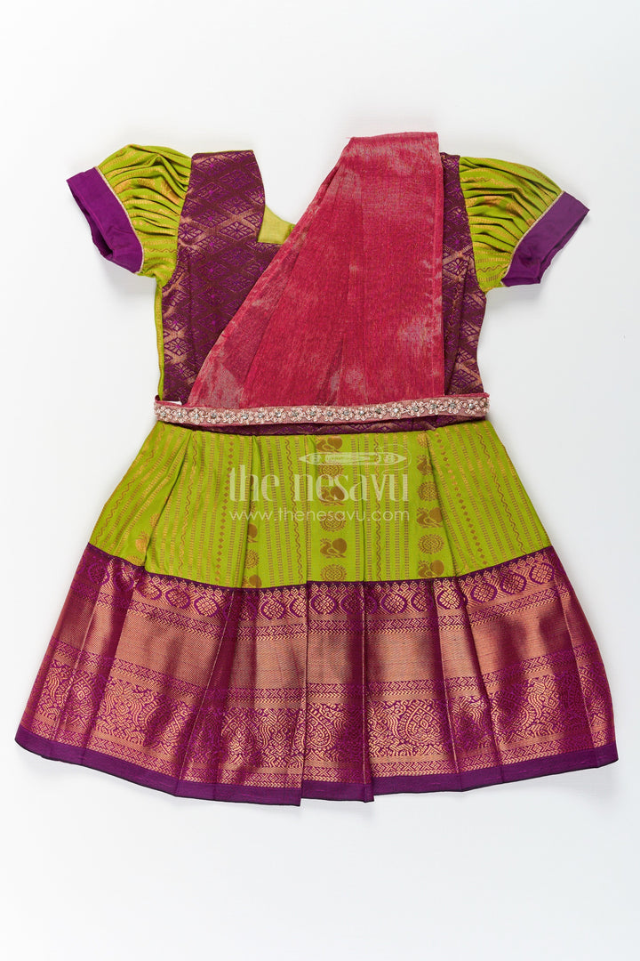 The Nesavu Girls Kanchi Silk Frock Girls Maroon Silk Dress with Semi Kanchivaram Weave and Stone Lace Embellished Dupatta Nesavu 16 (1Y) / Green / Style 1 SF813AA-16 Maroon Silk Dress for Girls with Semi Kanchivaram Weave and Embellished Dupatta | The Nesavu