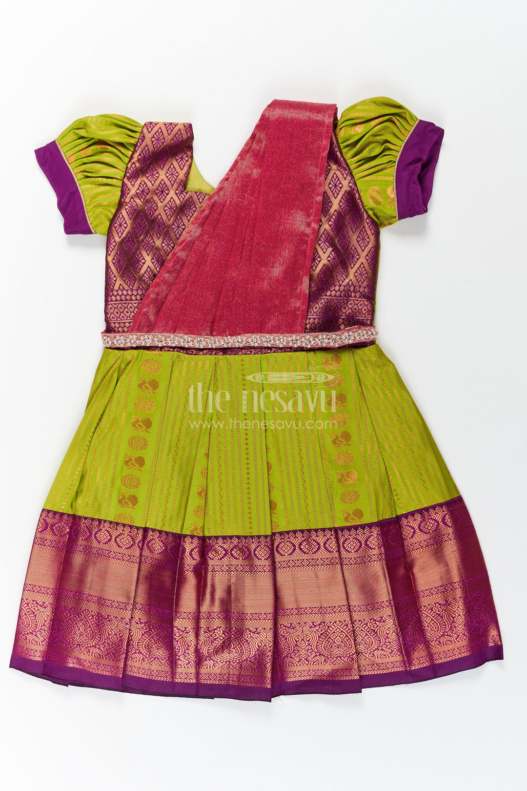 The Nesavu Girls Kanchi Silk Frock Girls Maroon Silk Dress with Semi Kanchivaram Weave and Stone Lace Embellished Dupatta Nesavu 20 (3Y) / Green / Style 2 SF813AB-20 Maroon Silk Dress for Girls with Semi Kanchivaram Weave and Embellished Dupatta | The Nesavu