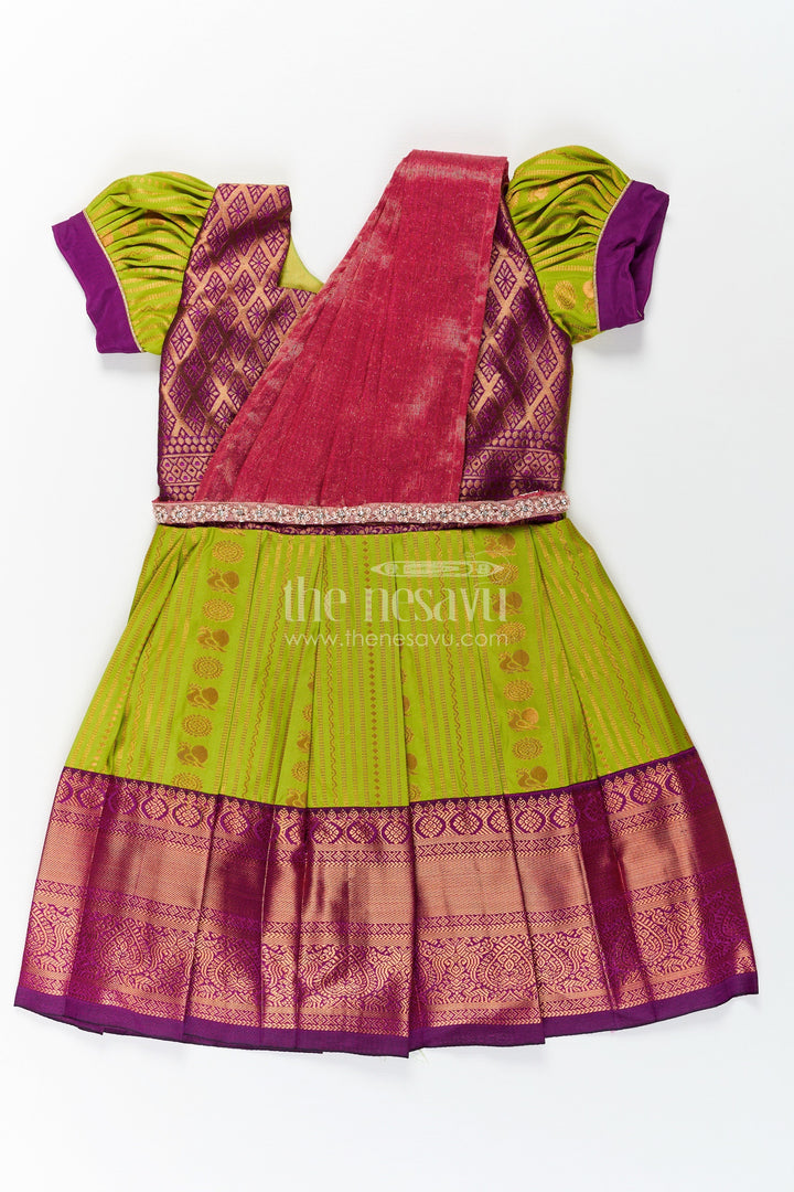 The Nesavu Girls Kanchi Silk Frock Girls Maroon Silk Dress with Semi Kanchivaram Weave and Stone Lace Embellished Dupatta Nesavu 20 (3Y) / Green / Style 2 SF813AB-20 Maroon Silk Dress for Girls with Semi Kanchivaram Weave and Embellished Dupatta | The Nesavu