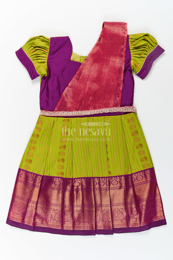 The Nesavu Girls Kanchi Silk Frock Girls Maroon Silk Dress with Semi Kanchivaram Weave and Stone Lace Embellished Dupatta Nesavu 20 (3Y) / Green / Style 3 SF813AC-20 Maroon Silk Dress for Girls with Semi Kanchivaram Weave and Embellished Dupatta | The Nesavu