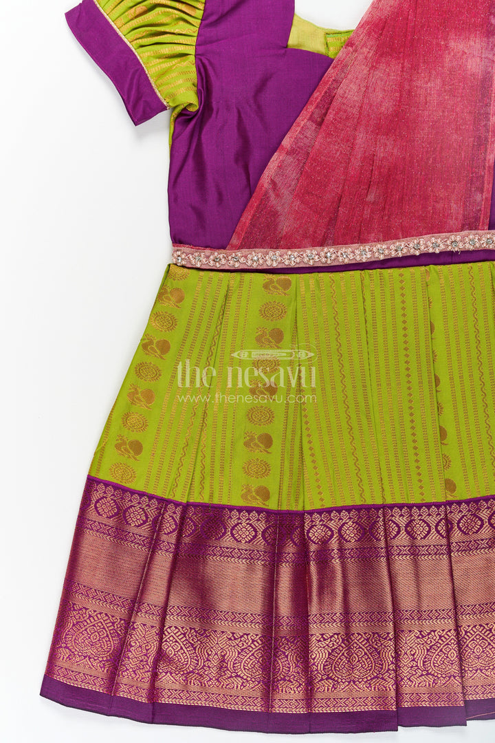 The Nesavu Girls Kanchi Silk Frock Girls Maroon Silk Dress with Semi Kanchivaram Weave and Stone Lace Embellished Dupatta Nesavu Maroon Silk Dress for Girls with Semi Kanchivaram Weave and Embellished Dupatta | The Nesavu