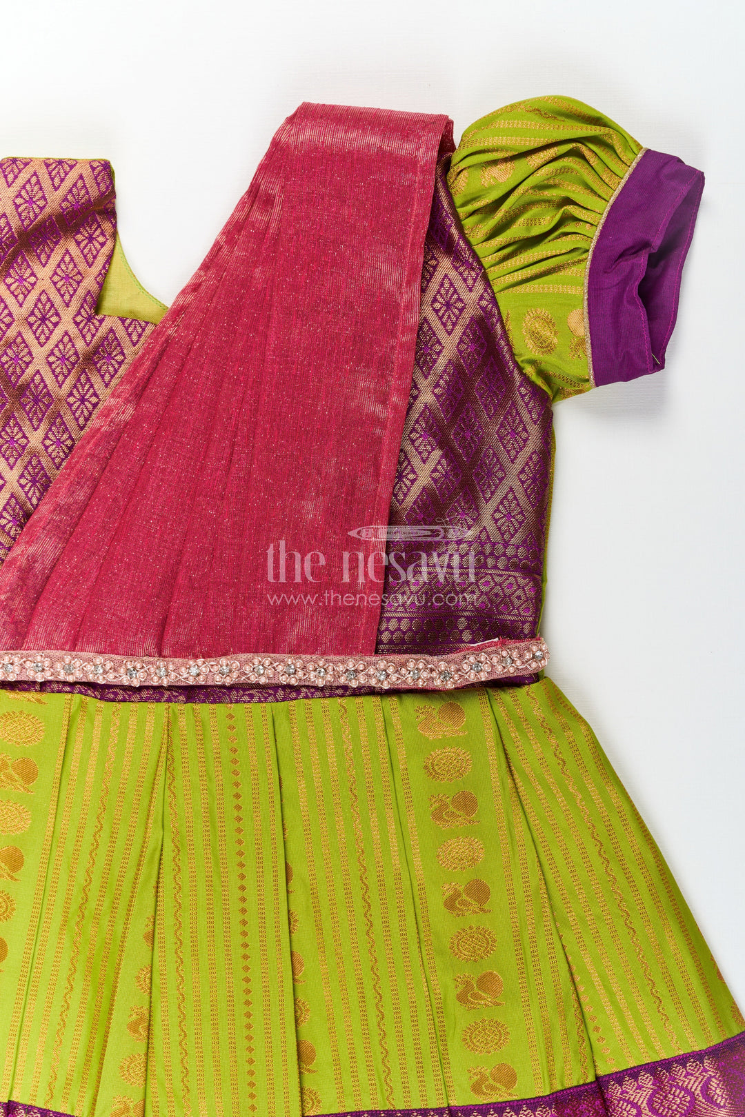 The Nesavu Girls Kanchi Silk Frock Girls Maroon Silk Dress with Semi Kanchivaram Weave and Stone Lace Embellished Dupatta Nesavu Maroon Silk Dress for Girls with Semi Kanchivaram Weave and Embellished Dupatta | The Nesavu