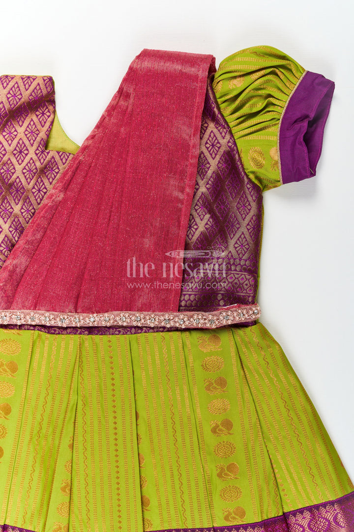 The Nesavu Girls Kanchi Silk Frock Girls Maroon Silk Dress with Semi Kanchivaram Weave and Stone Lace Embellished Dupatta Nesavu Maroon Silk Dress for Girls with Semi Kanchivaram Weave and Embellished Dupatta | The Nesavu