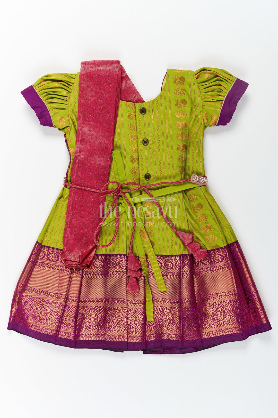 The Nesavu Girls Kanchi Silk Frock Girls Maroon Silk Dress with Semi Kanchivaram Weave and Stone Lace Embellished Dupatta Nesavu Maroon Silk Dress for Girls with Semi Kanchivaram Weave and Embellished Dupatta | The Nesavu