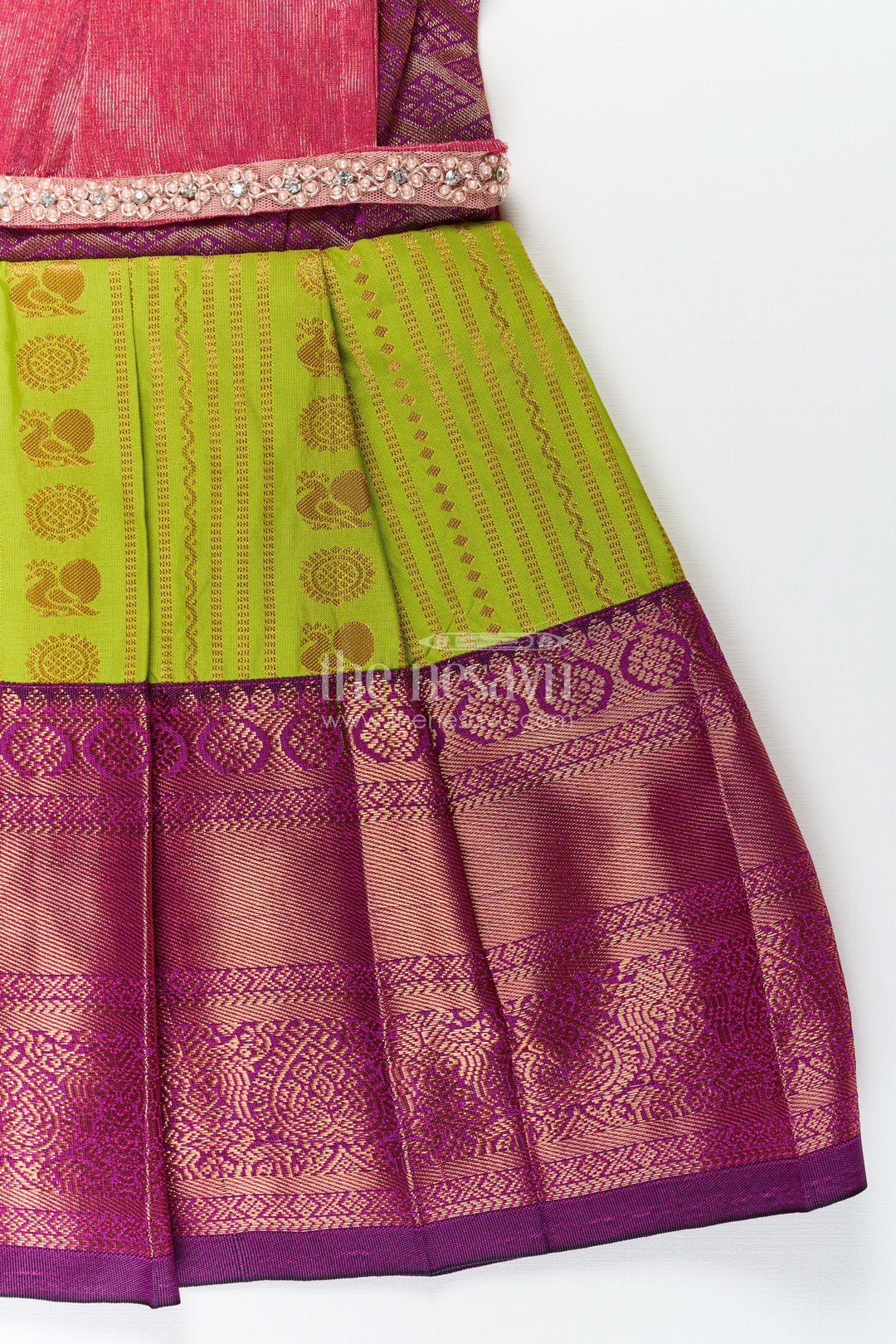 The Nesavu Girls Kanchi Silk Frock Girls Maroon Silk Dress with Semi Kanchivaram Weave and Stone Lace Embellished Dupatta Nesavu Maroon Silk Dress for Girls with Semi Kanchivaram Weave and Embellished Dupatta | The Nesavu