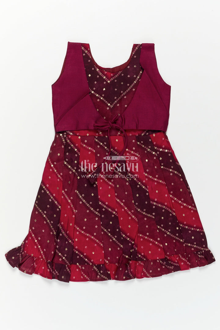 The Nesavu Girls Chanderi Frock Girls Maroon Viscose Frock with Sequined Detailing and Waist Belt in Long Frock Party Style Nesavu 18 (2Y) / Maroon GFC1736B-18 Girls Long Frock Party Dress Maroon Printed Viscose Mirror Accents Flattering Fit | The Nesavu