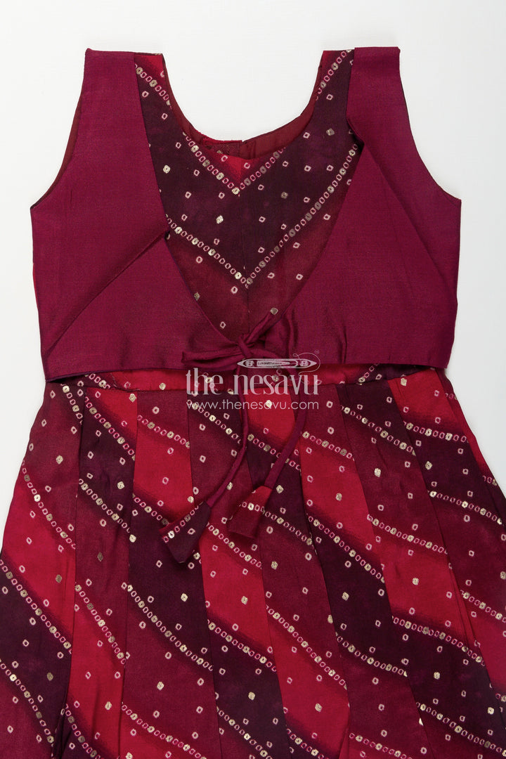The Nesavu Girls Chanderi Frock Girls Maroon Viscose Frock with Sequined Detailing and Waist Belt in Long Frock Party Style Nesavu Girls Long Frock Party Dress Maroon Printed Viscose Mirror Accents Flattering Fit | The Nesavu