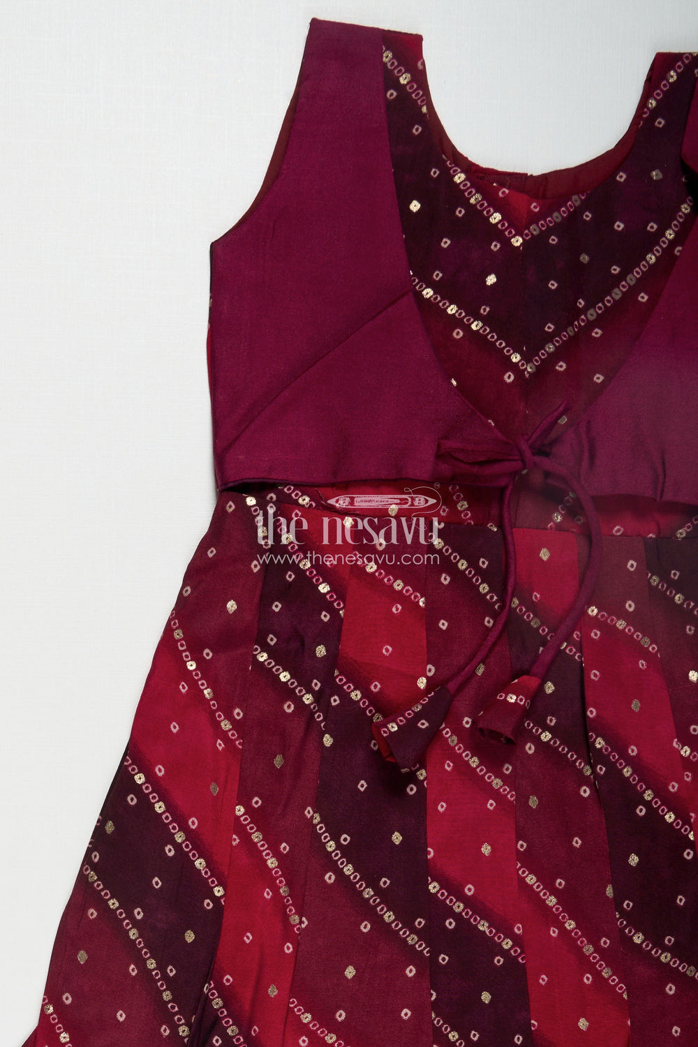 The Nesavu Girls Chanderi Frock Girls Maroon Viscose Frock with Sequined Detailing and Waist Belt in Long Frock Party Style Nesavu Girls Long Frock Party Dress Maroon Printed Viscose Mirror Accents Flattering Fit | The Nesavu