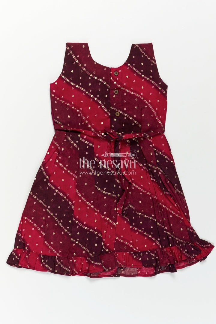 The Nesavu Girls Chanderi Frock Girls Maroon Viscose Frock with Sequined Detailing and Waist Belt in Long Frock Party Style Nesavu Girls Long Frock Party Dress Maroon Printed Viscose Mirror Accents Flattering Fit | The Nesavu