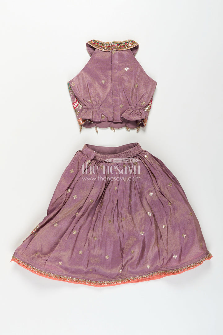 The Nesavu Girls Lehenga Choli Girls Marriage Function Dress in Tissue Fabric with Sequin Embroidery and Designer Multicolor Yoke Nesavu Girls Marriage Function Dress Tissue Sequin Embroidered Lehenga Choli Designer Yoke | The Nesavu