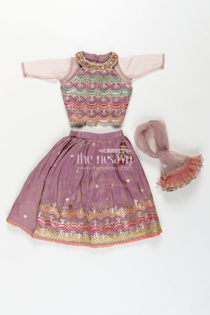 The Nesavu Girls Lehenga Choli Girls Marriage Function Dress in Tissue Fabric with Sequin Embroidery and Designer Multicolor Yoke Nesavu Girls Marriage Function Dress Tissue Sequin Embroidered Lehenga Choli Designer Yoke | The Nesavu