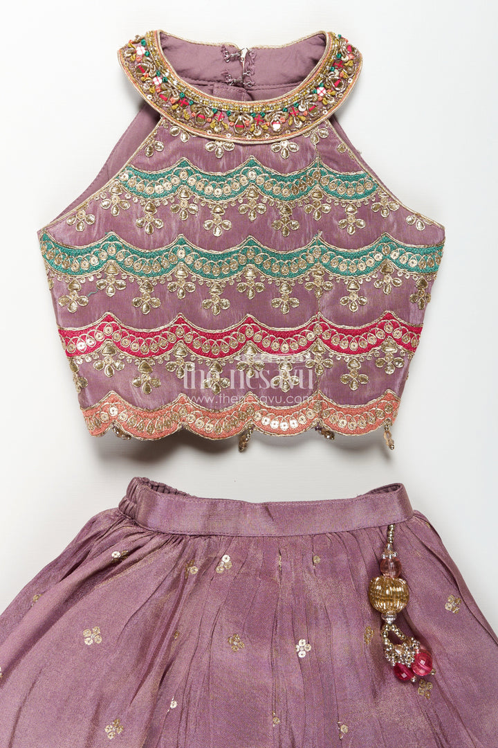 The Nesavu Girls Lehenga Choli Girls Marriage Function Dress in Tissue Fabric with Sequin Embroidery and Designer Multicolor Yoke Nesavu Girls Marriage Function Dress Tissue Sequin Embroidered Lehenga Choli Designer Yoke | The Nesavu
