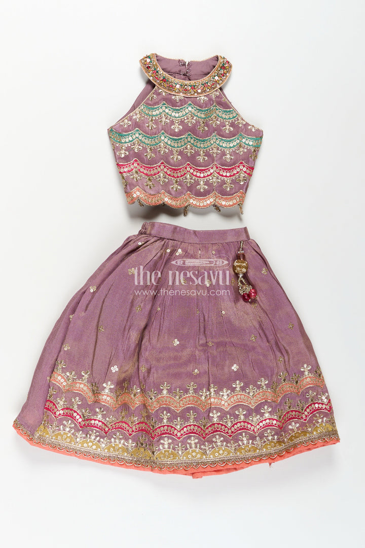 The Nesavu Girls Lehenga Choli Girls Marriage Function Dress in Tissue Fabric with Sequin Embroidery and Designer Multicolor Yoke Nesavu Girls Marriage Function Dress Tissue Sequin Embroidered Lehenga Choli Designer Yoke | The Nesavu