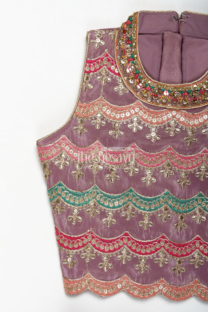 The Nesavu Girls Lehenga Choli Girls Marriage Function Dress in Tissue Fabric with Sequin Embroidery and Designer Multicolor Yoke Nesavu Girls Marriage Function Dress Tissue Sequin Embroidered Lehenga Choli Designer Yoke | The Nesavu