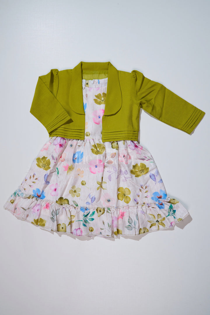 The Nesavu Girls Fancy Frock Girls Matching Dress and Coat Sets in Floral Digital Print with Stylish Green Blazer Nesavu 20 (3Y) / Green GFC1623B-20 Girls Matching Dress Coat Sets Floral Digital Print Stylish Green Blazer | The Nesavu