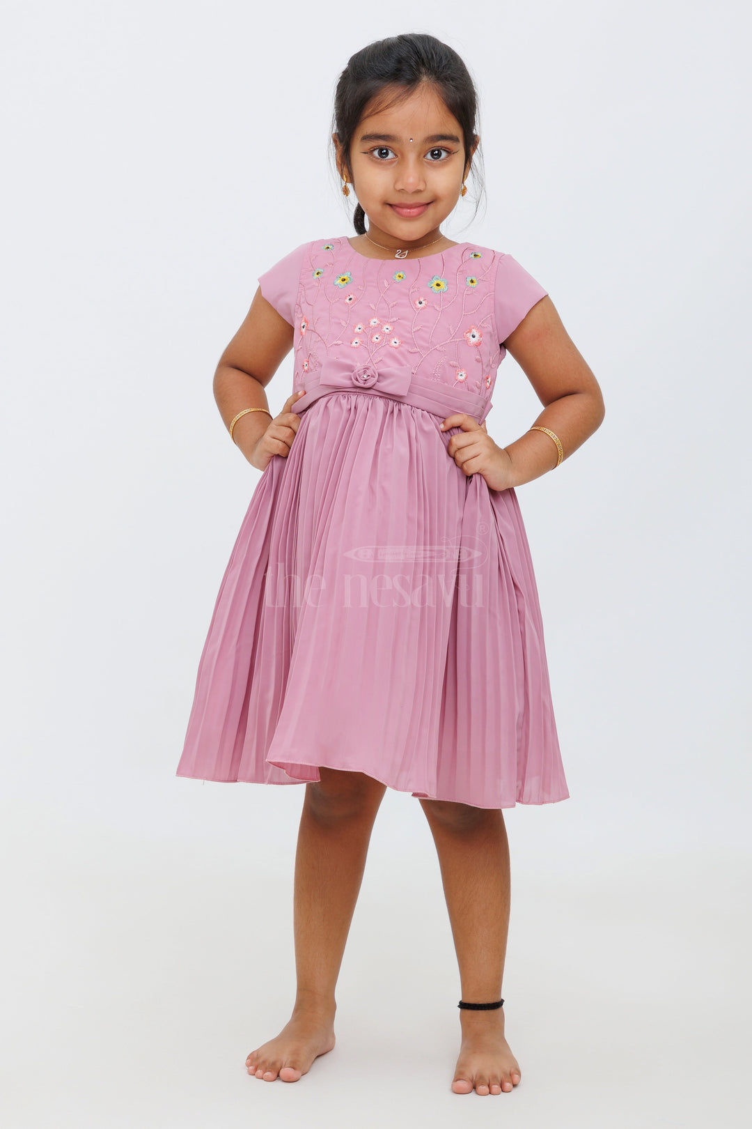 The Nesavu Girls Fancy Frock Girls Mauve Sleeveless Frock with Floral Embroidery and Pleated Skirt Nesavu 16 (1Y) / Maroon GFC1411C-16 Nesavu Mauve Floral Embroidered Party Frock Girls Pleated Skirt